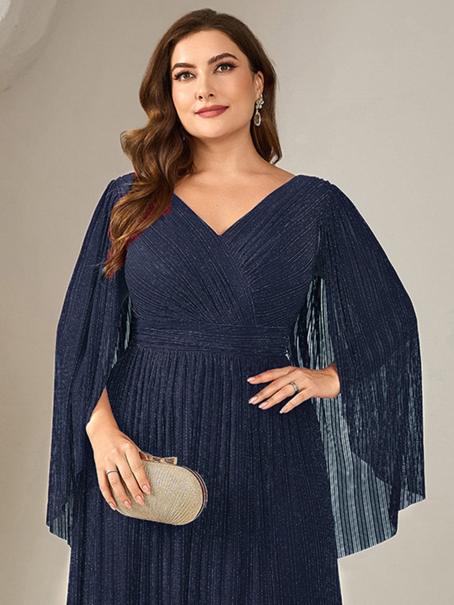 Deep V-Neck Mesh Batwing Sleeve Evening Dress #color_Navy Blue