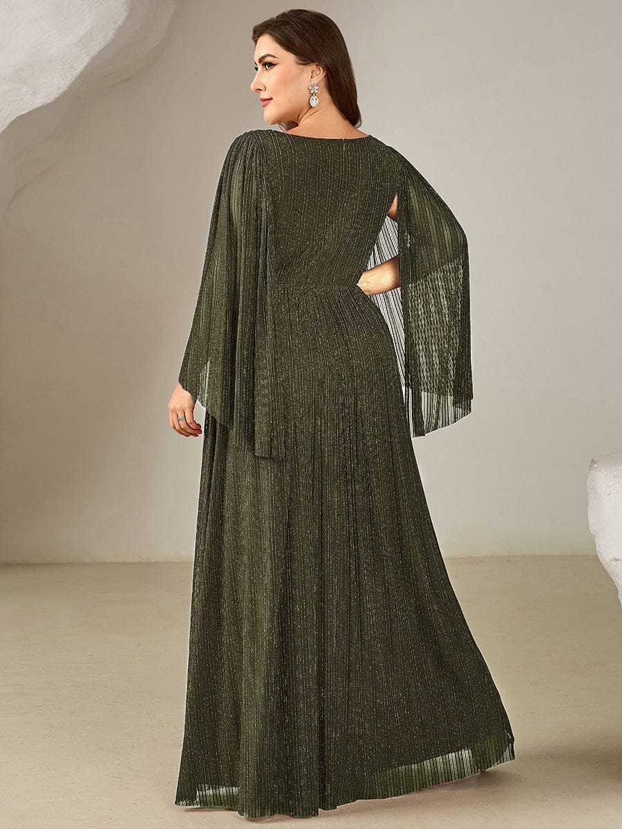 Deep V-Neck Mesh Batwing Sleeve Evening Dress #color_Olive Green