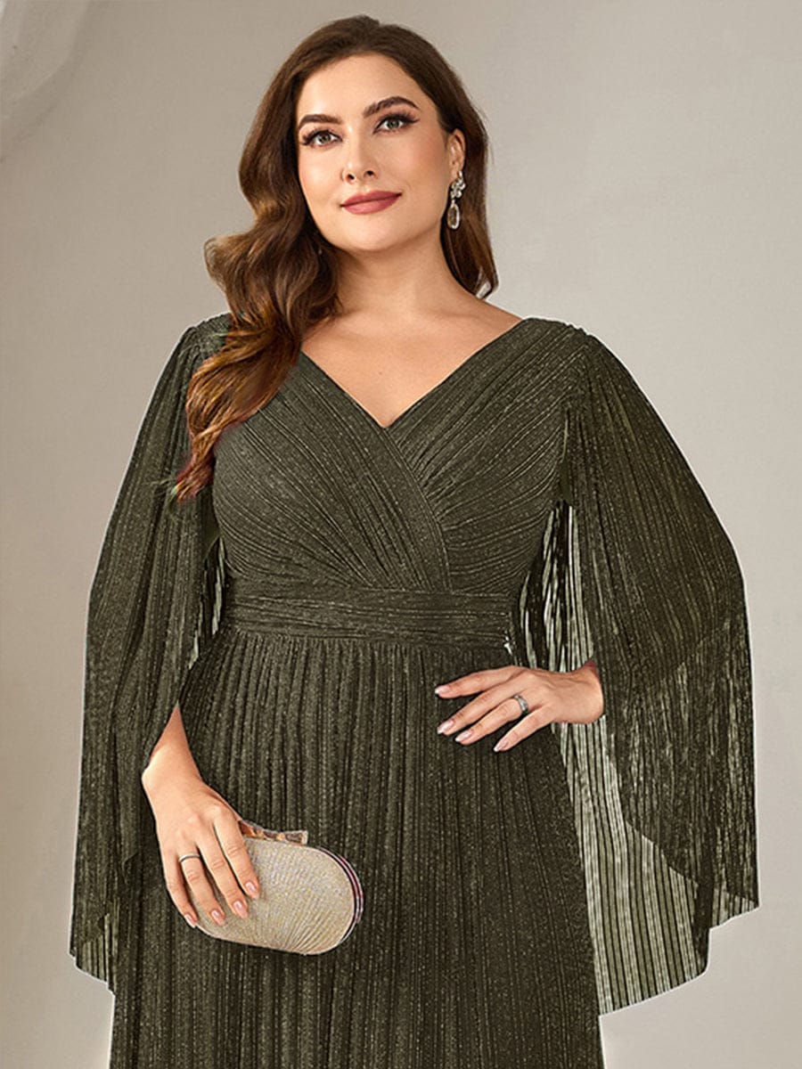 Deep V-Neck Mesh Batwing Sleeve Evening Dress #color_Olive Green