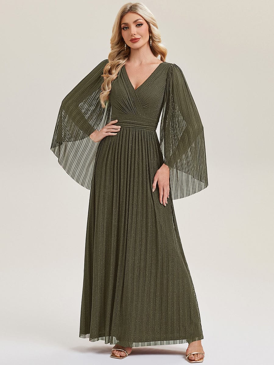 Deep V-Neck Mesh Batwing Sleeve Evening Dress #color_Olive Green