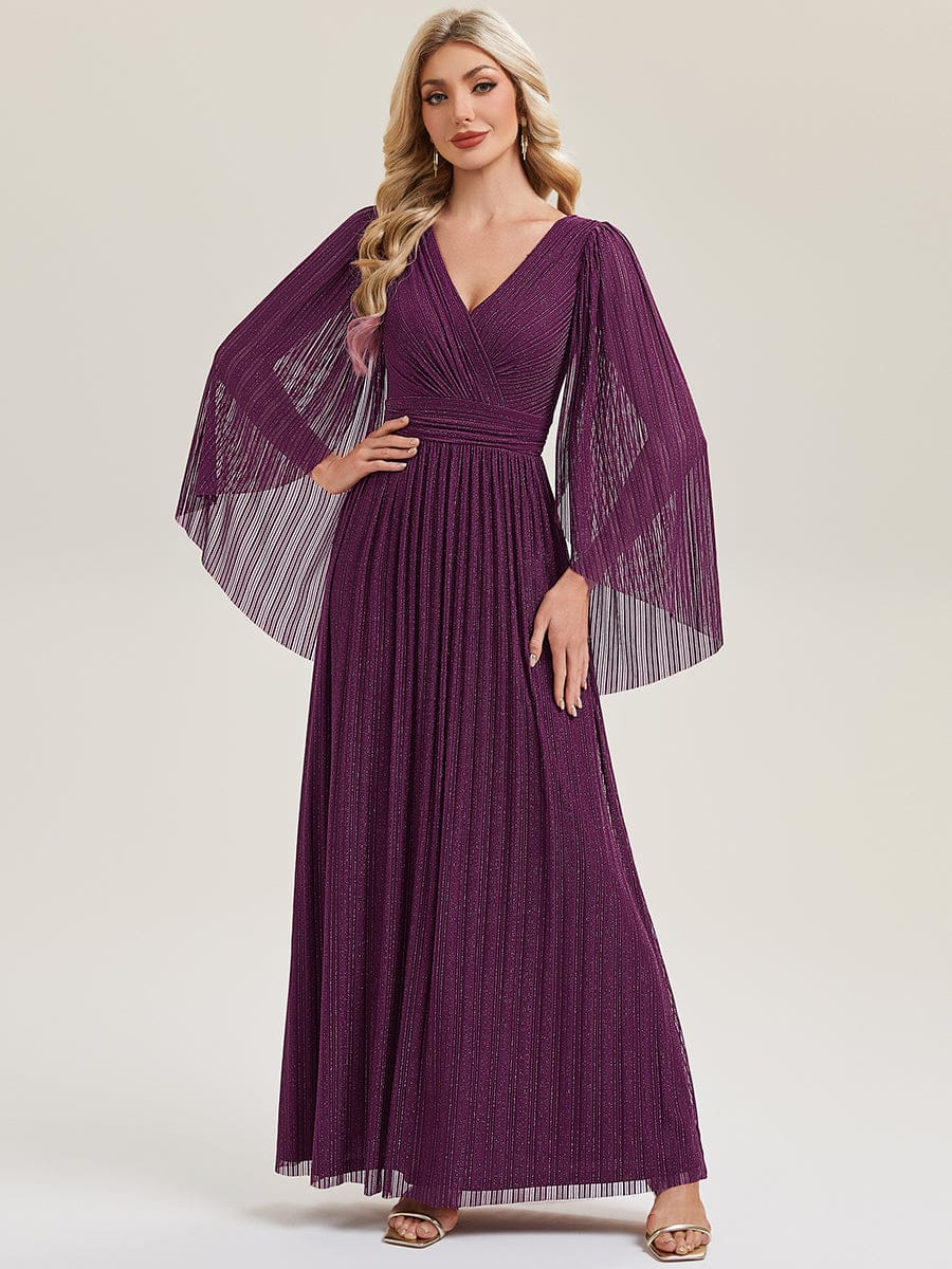 Deep V-Neck Mesh Batwing Sleeve Evening Dress #color_Purple Wisteria