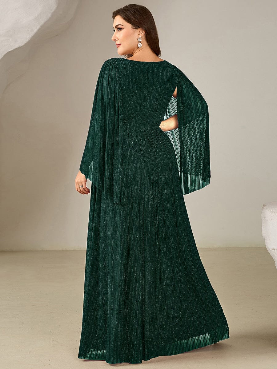Deep V-Neck Mesh Batwing Sleeve Evening Dress #color_Teal