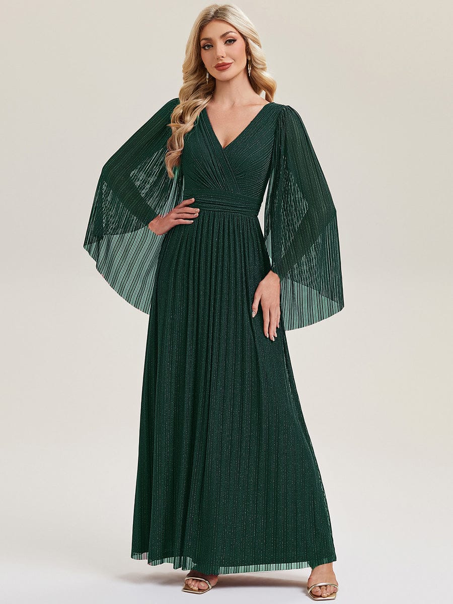Deep V-Neck Mesh Batwing Sleeve Evening Dress #color_Teal
