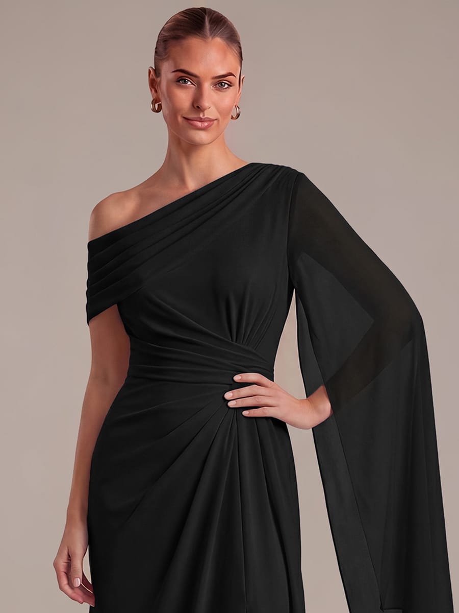 Pleated Knit Cape Sleeve Dress #color_Black
