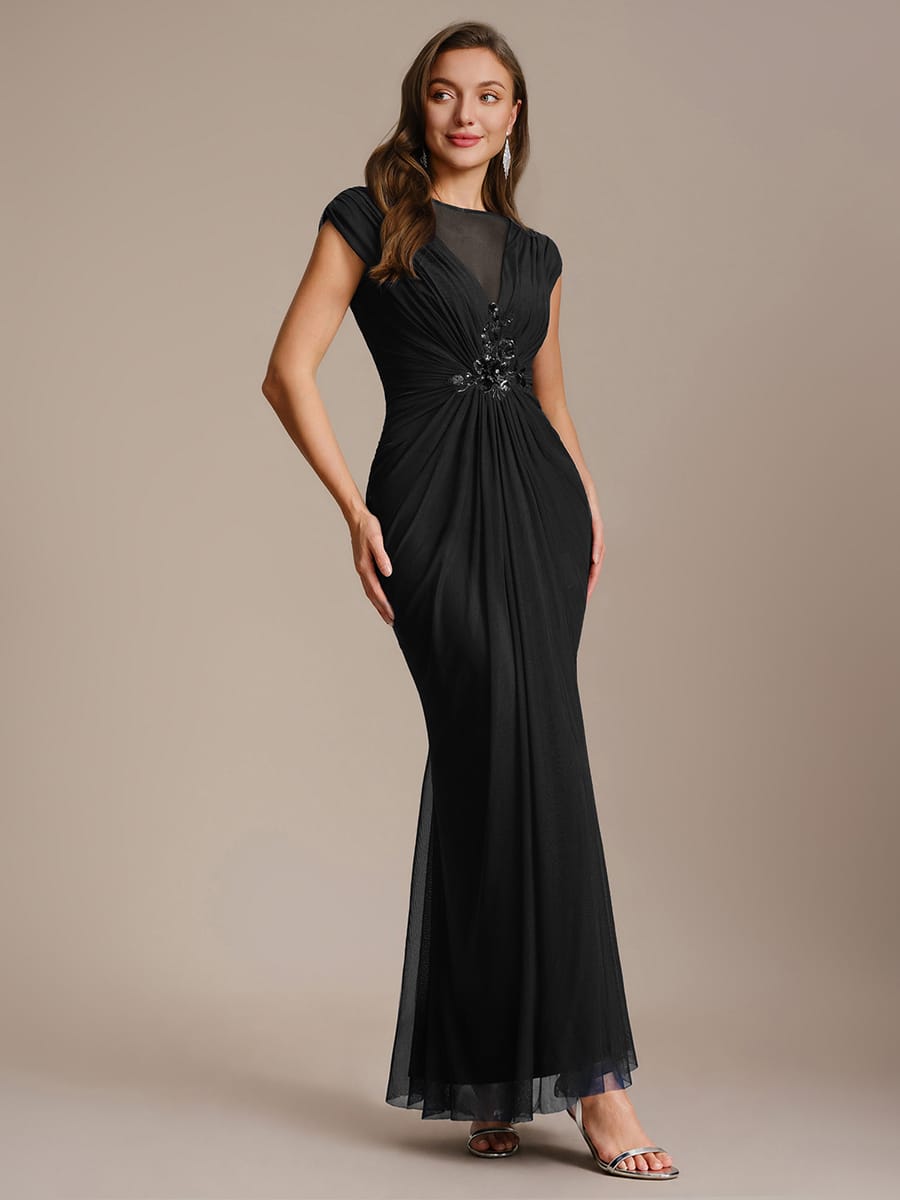 Tulle Cap Sleeve Bodycon Dress #color_Black