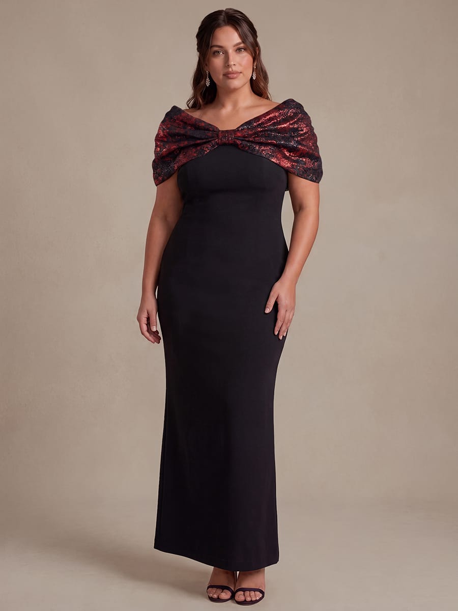 Knotted Jacquard Cape Sleeve Dress #color_Burgundy/Black