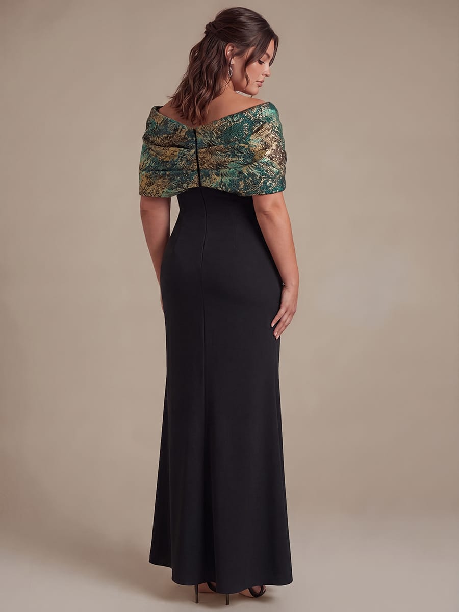 Knotted Jacquard Cape Sleeve Dress #color_Dark Green/Gold