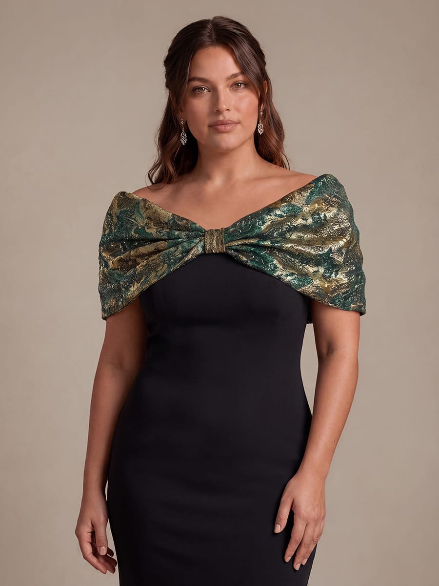 Knotted Jacquard Cape Sleeve Dress #color_Dark Green/Gold