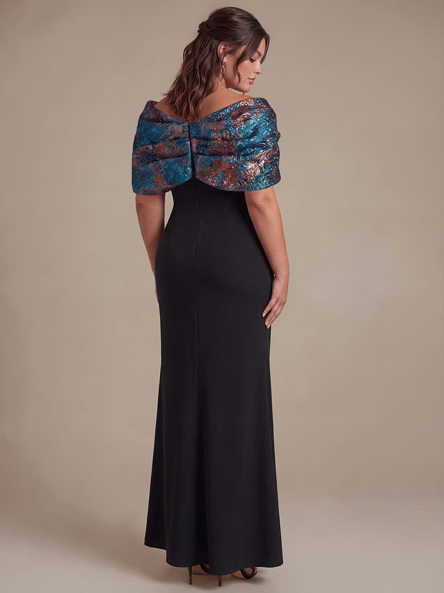 Knotted Jacquard Cape Sleeve Dress #color_Royal Blue/Gold