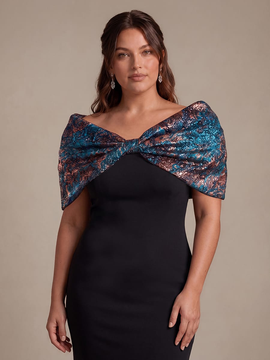 Knotted Jacquard Cape Sleeve Dress #color_Royal Blue/Gold