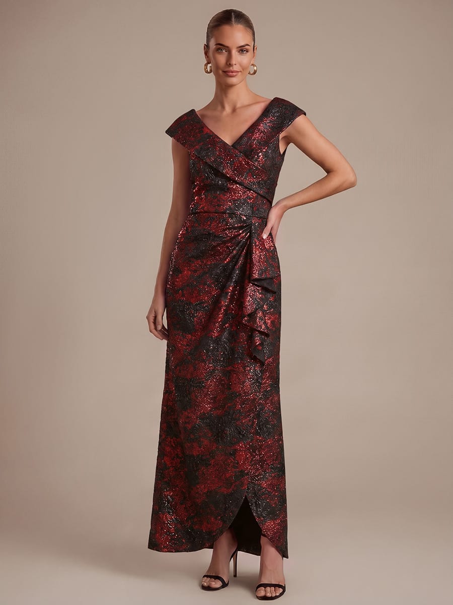 Slit Jacquard Cap Sleeve Dress #color_Burgundy