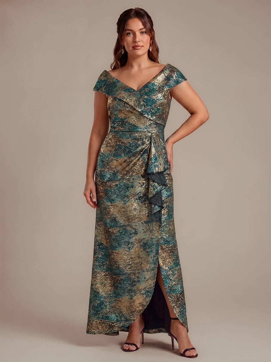 Slit Jacquard Cap Sleeve Dress #color_Dark Green/Gold