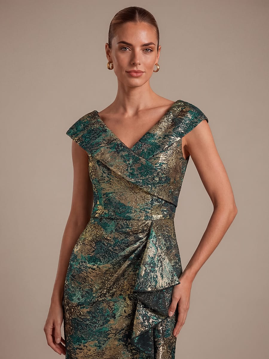 Slit Jacquard Cap Sleeve Dress #color_Dark Green