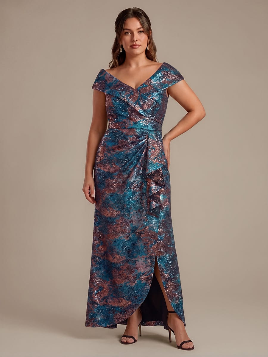 Slit Jacquard Cap Sleeve Dress #color_Royal Blue/Gold