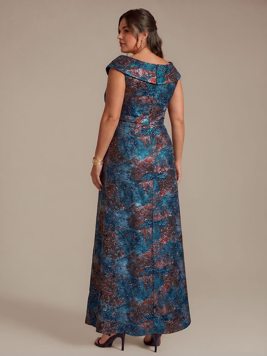 Slit Jacquard Cap Sleeve Dress #color_Royal Blue/Gold