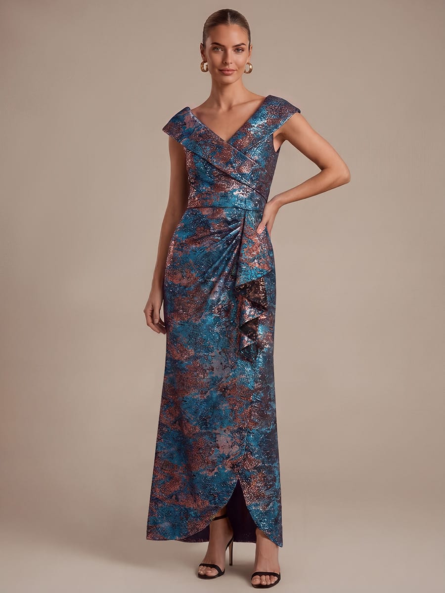 Slit Jacquard Cap Sleeve Dress #color_Sapphire Blue
