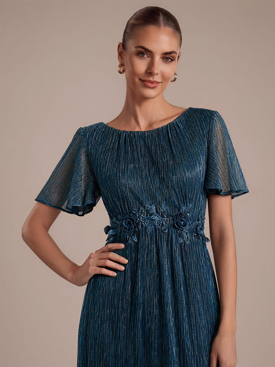 Ruffled Tulle Cap Sleeve Dress #color_Teal Blue