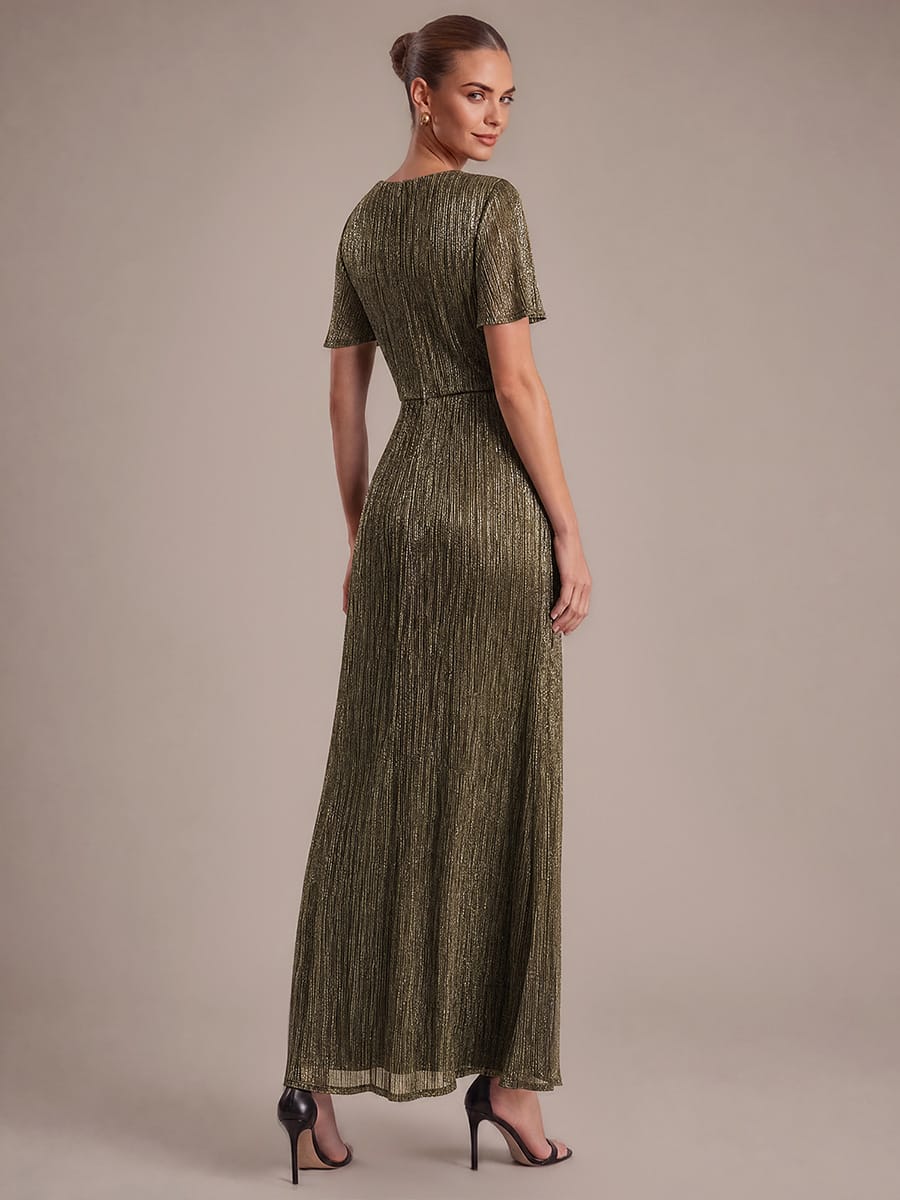 Pleated Tulle Ruffle Sleeve Dress #color_Metallic Gold