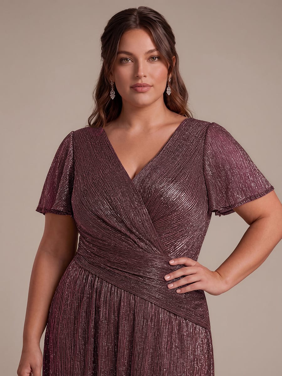 Pleated Tulle Ruffle Sleeve Dress #color_Mahogany Brown