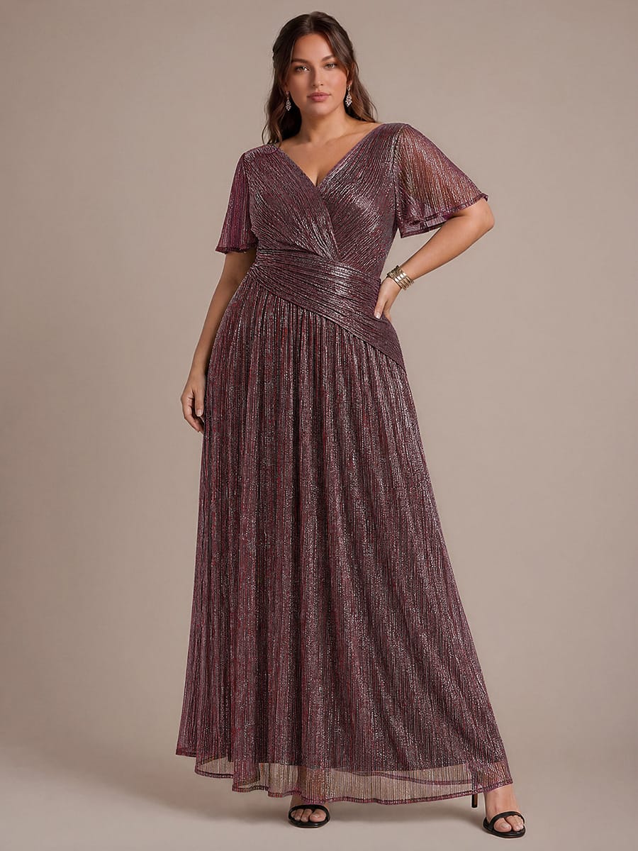 Pleated Tulle Ruffle Sleeve Dress #color_Mahogany Brown