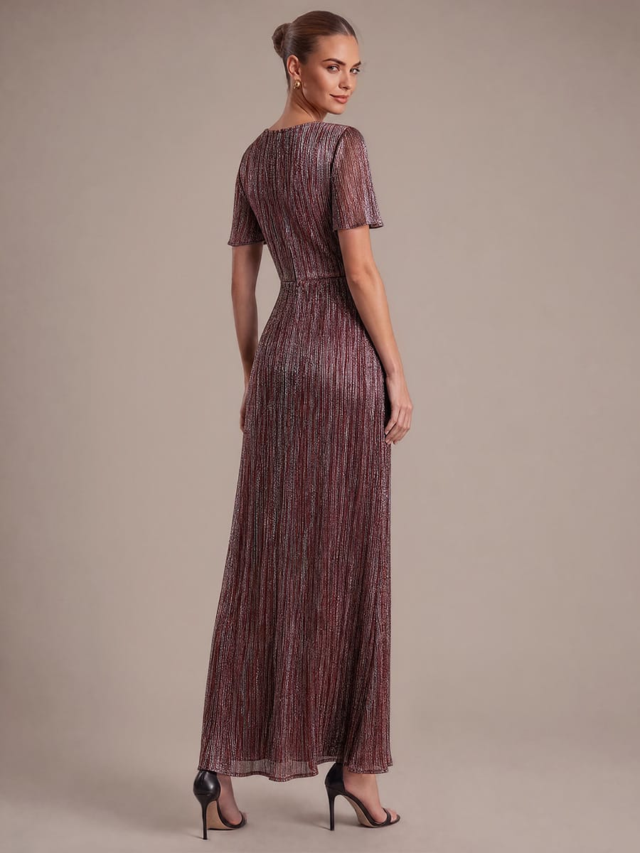 Pleated Tulle Ruffle Sleeve Dress #color_Mahogany Brown