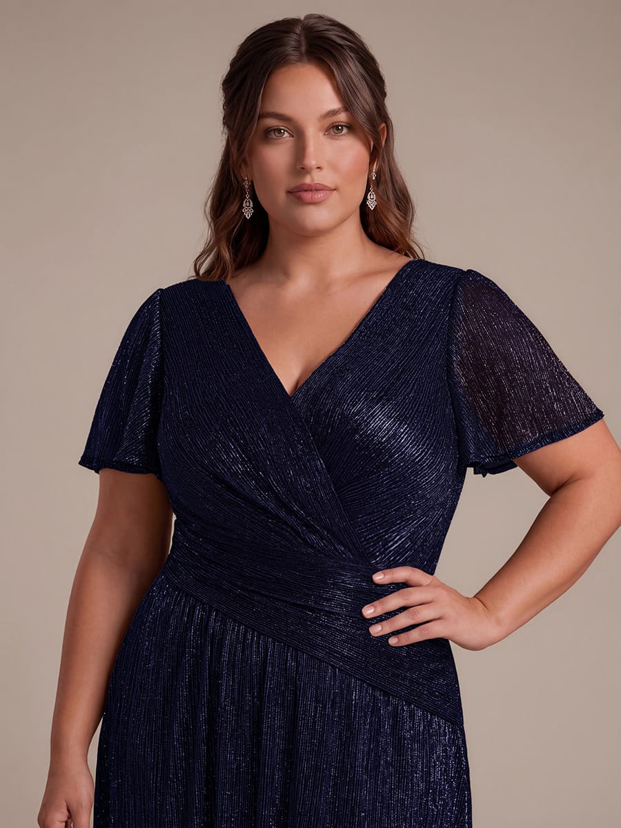 Pleated Tulle Ruffle Sleeve Dress #color_Navy Blue