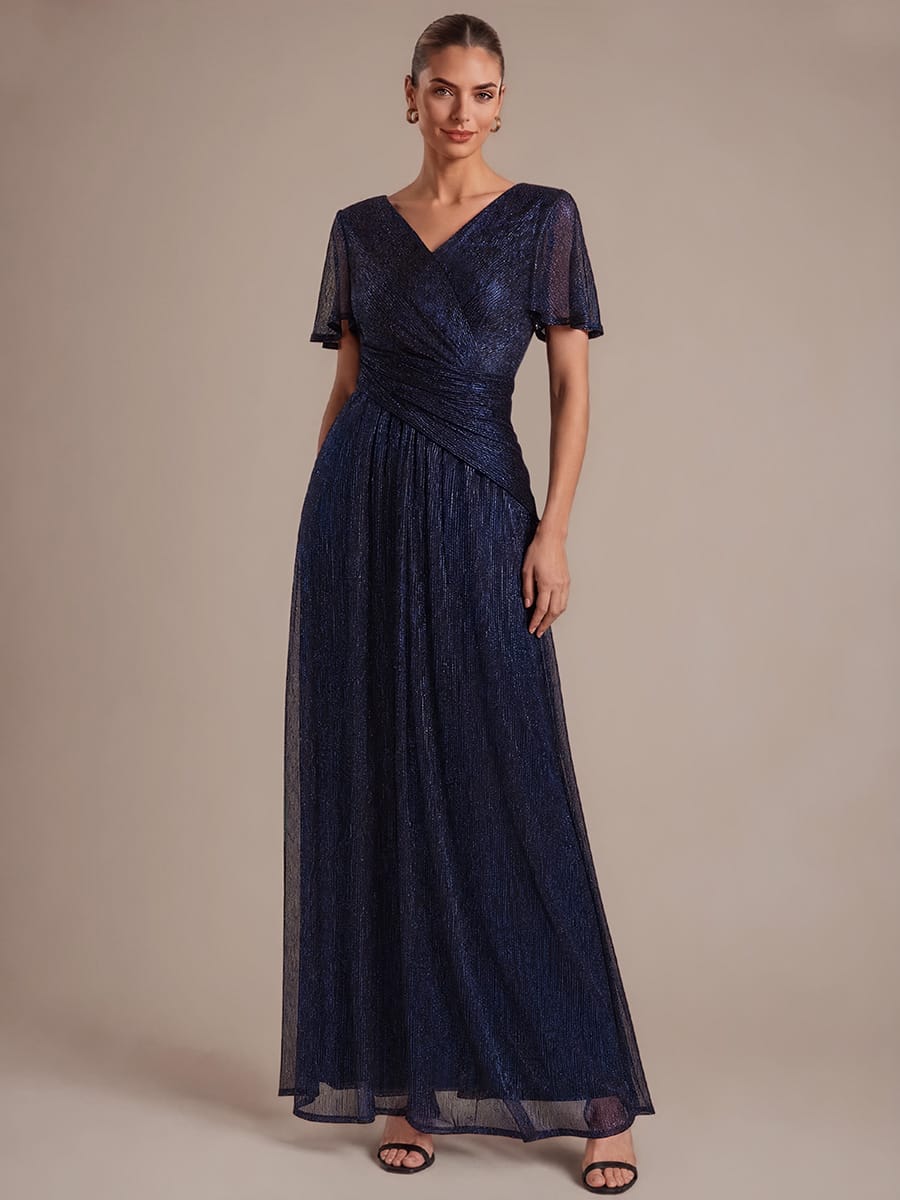 Pleated Tulle Ruffle Sleeve Dress #color_Navy Blue