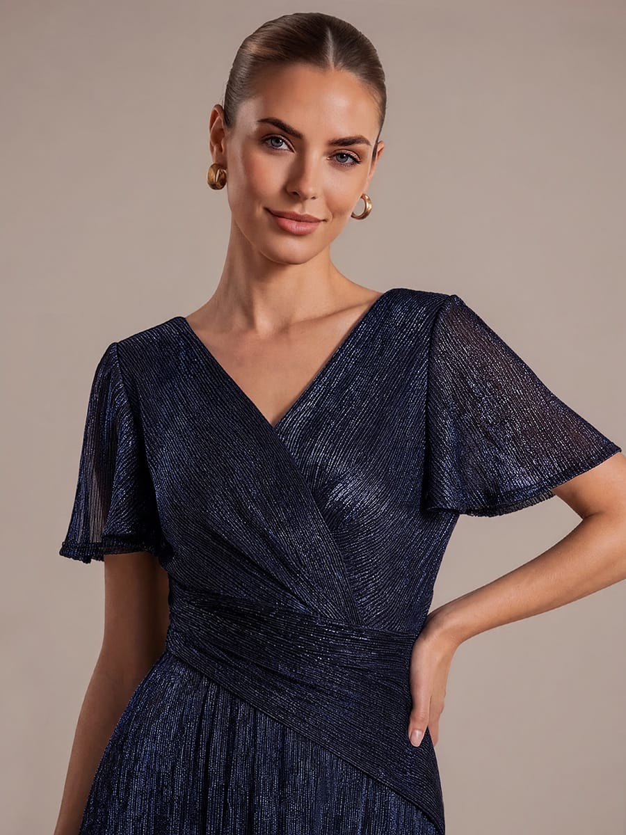 Pleated Tulle Ruffle Sleeve Dress #color_Navy Blue