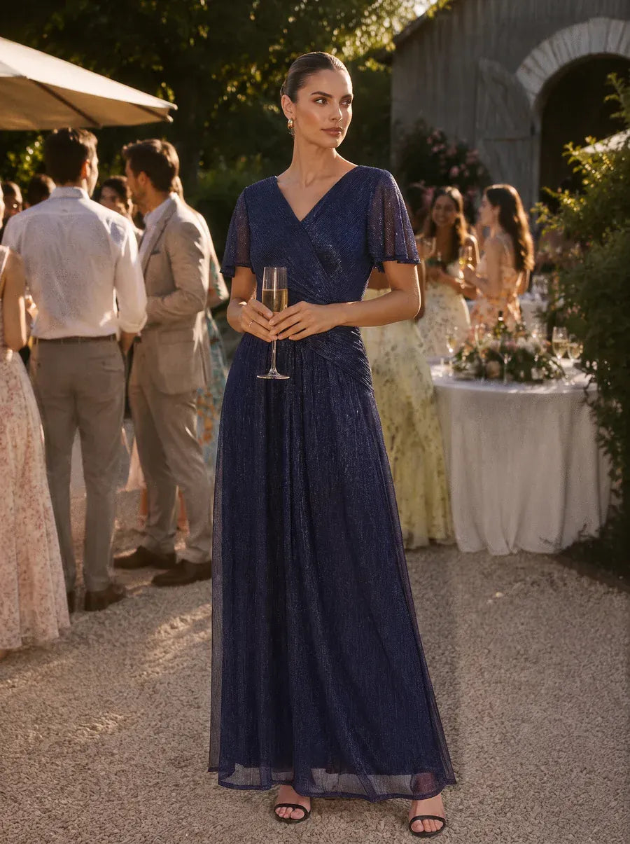 Pleated Tulle Ruffle Sleeve Dress #color_Navy Blue