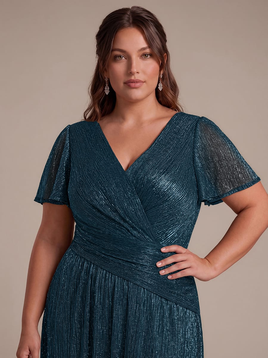 Pleated Tulle Ruffle Sleeve Dress #color_Teal Blue