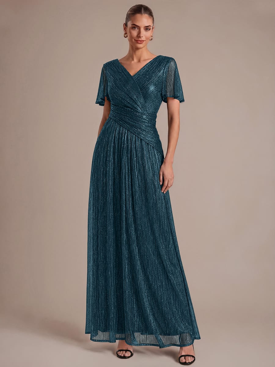 Pleated Tulle Ruffle Sleeve Dress #color_Teal Blue