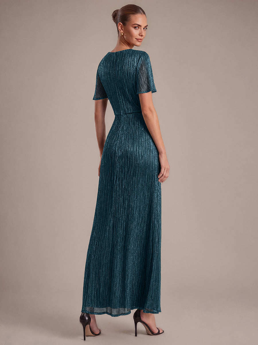 Pleated Tulle Ruffle Sleeve Dress #color_Teal Blue