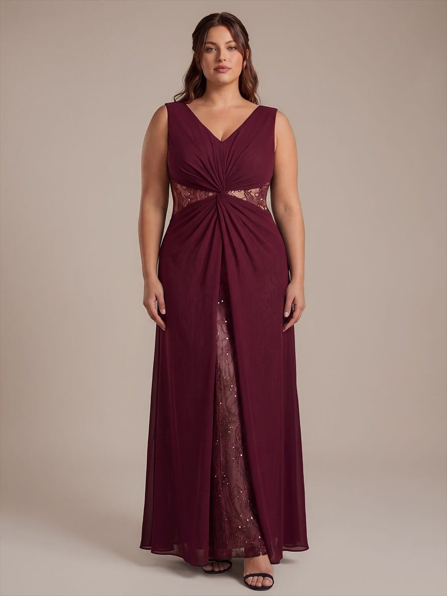 See-through Chiffon Sleeveless Dress #color_Burgundy