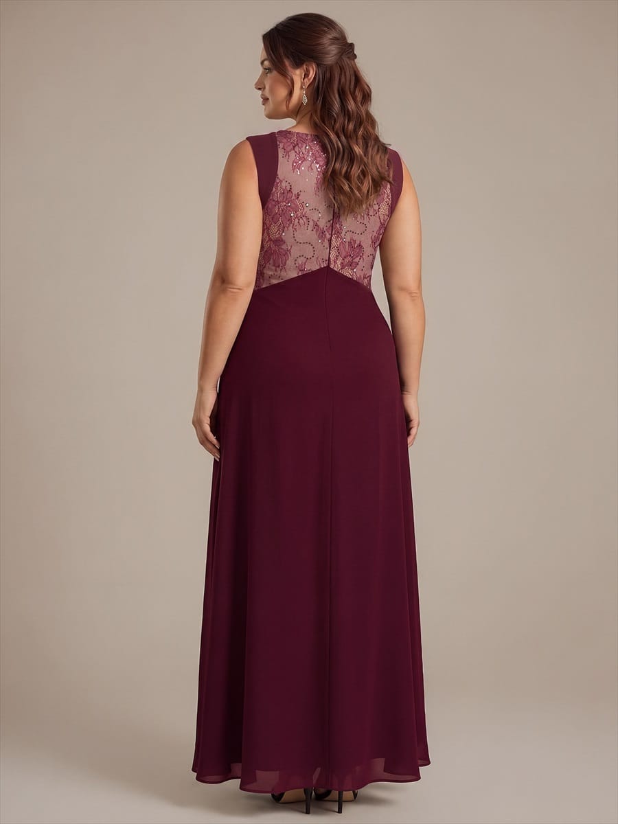 See-through Chiffon Sleeveless Dress #color_Burgundy