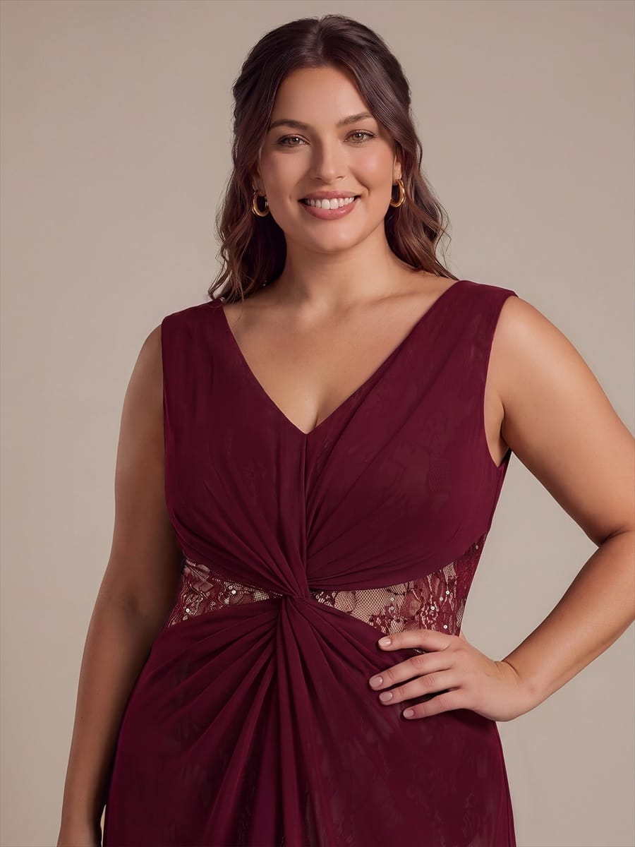 See-through Chiffon Sleeveless Dress #color_Burgundy