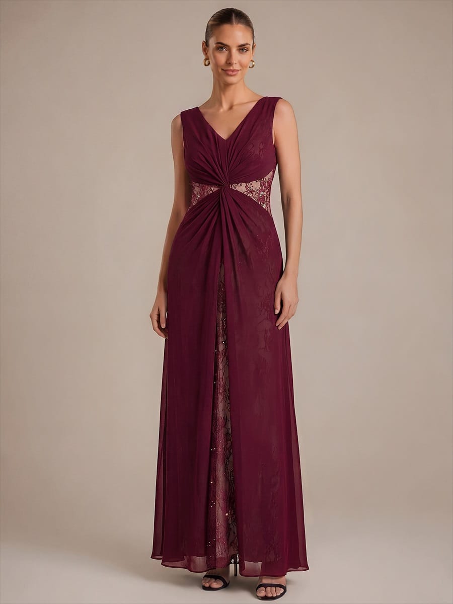 See-through Chiffon Sleeveless Dress #color_Burgundy