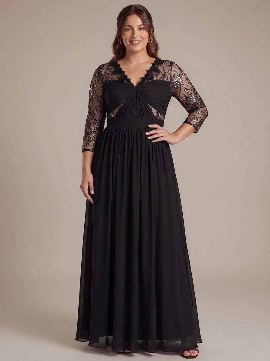 Chiffon Fitted Sleeve A-line Dress #color_Black