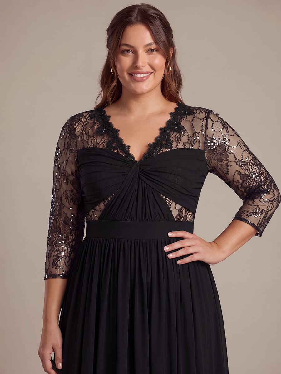 Chiffon Fitted Sleeve A-line Dress #color_Black