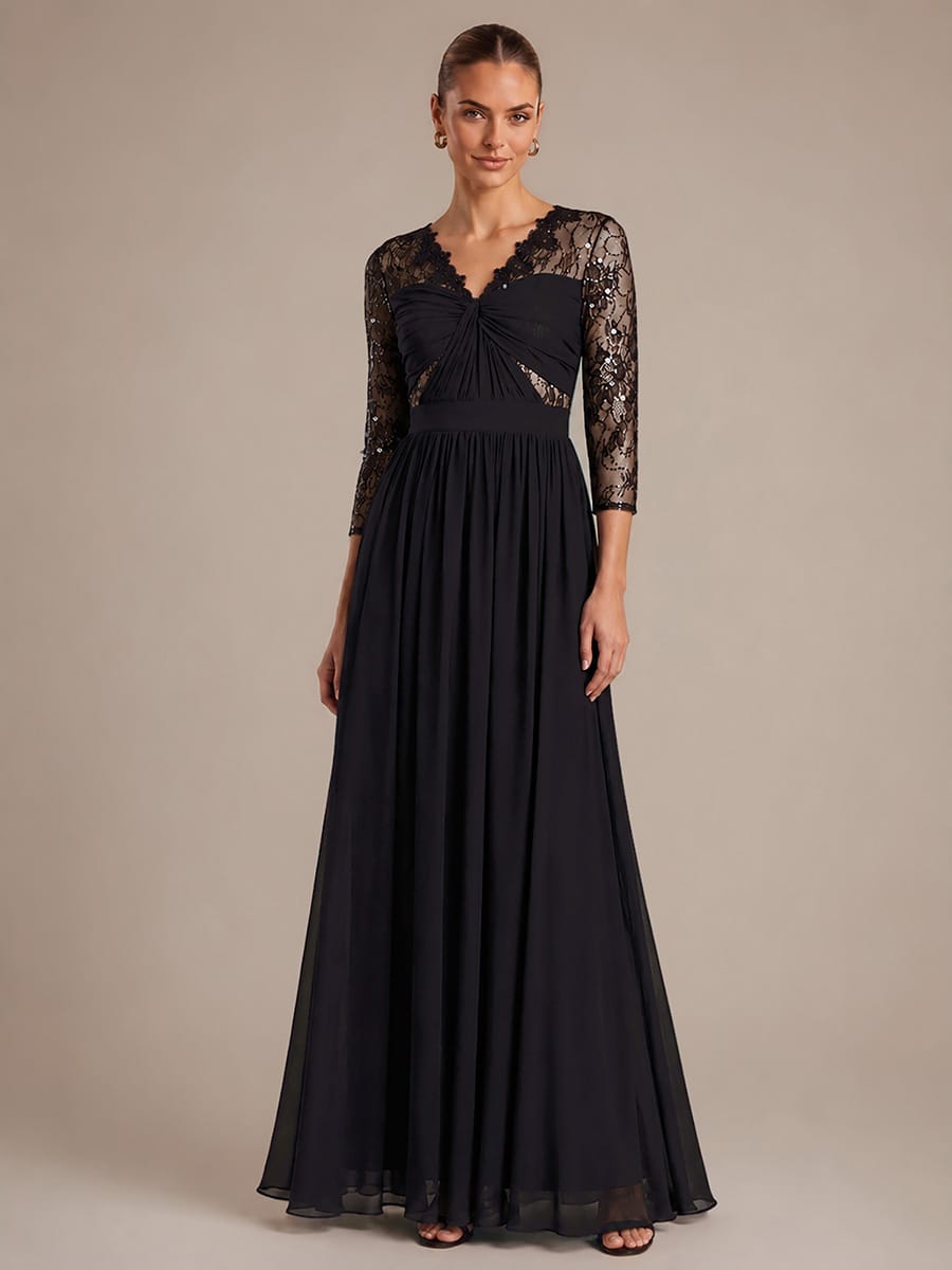 Chiffon Fitted Sleeve A-line Dress #color_Black