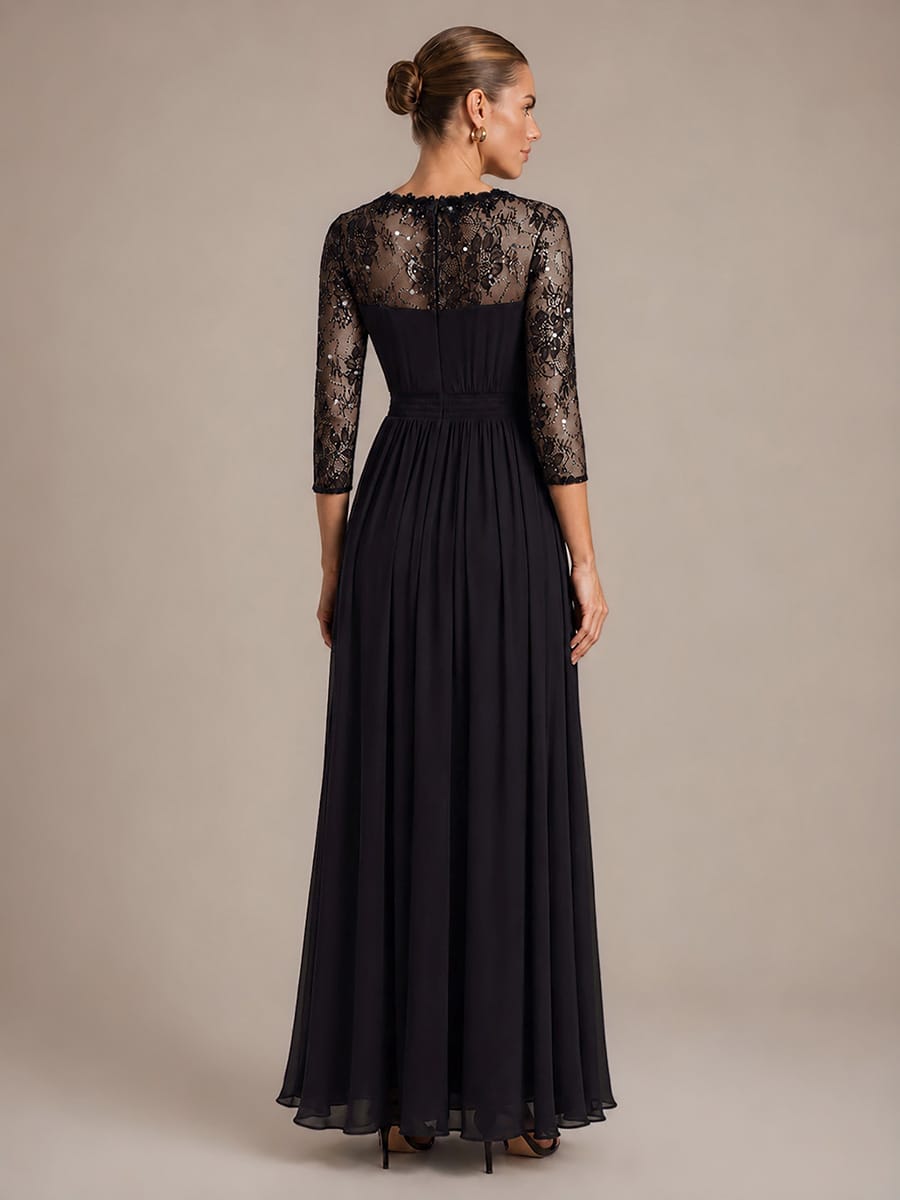 Chiffon Fitted Sleeve A-line Dress #color_Black