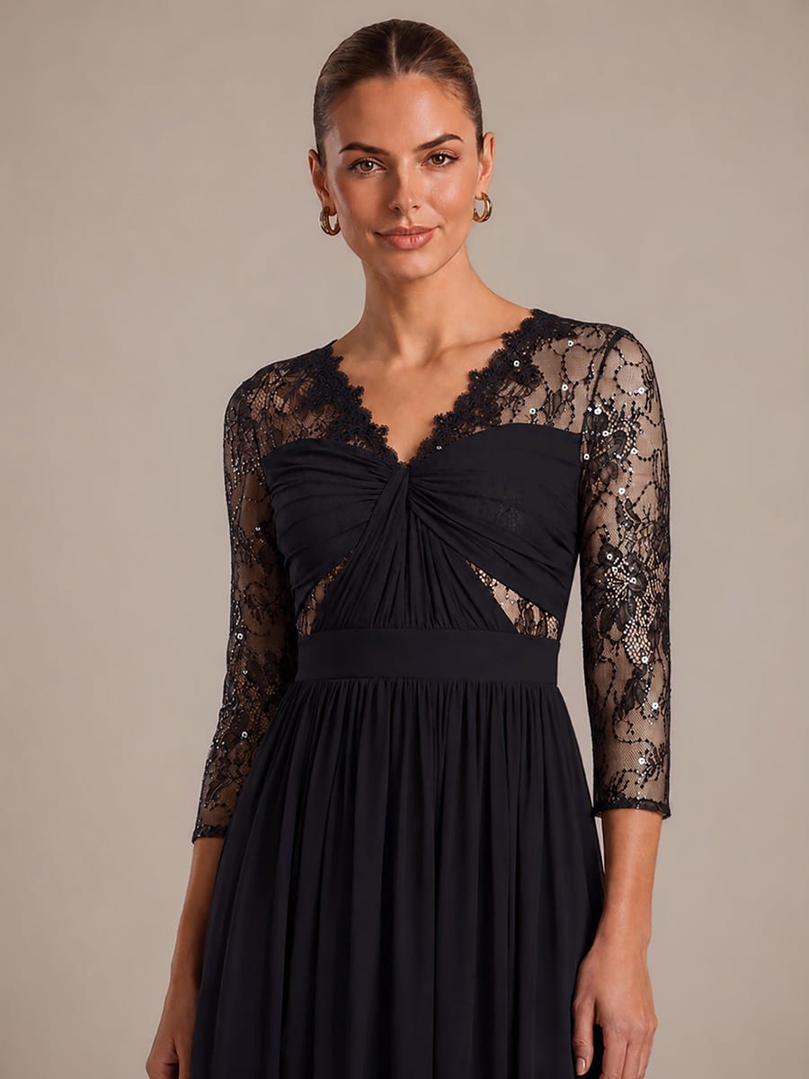 Chiffon Fitted Sleeve A-line Dress #color_Black