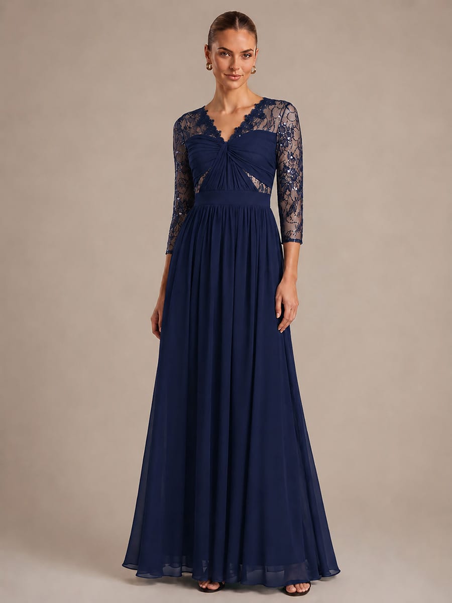 Chiffon Fitted Sleeve A-line Dress #color_Navy Blue