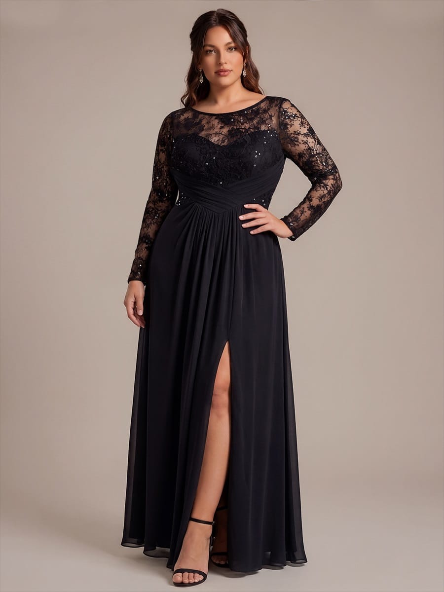 Chiffon Maxi Length Round neckline A-line Fitted Sleeve Back zipper Slight Stretch Dress #color_Black