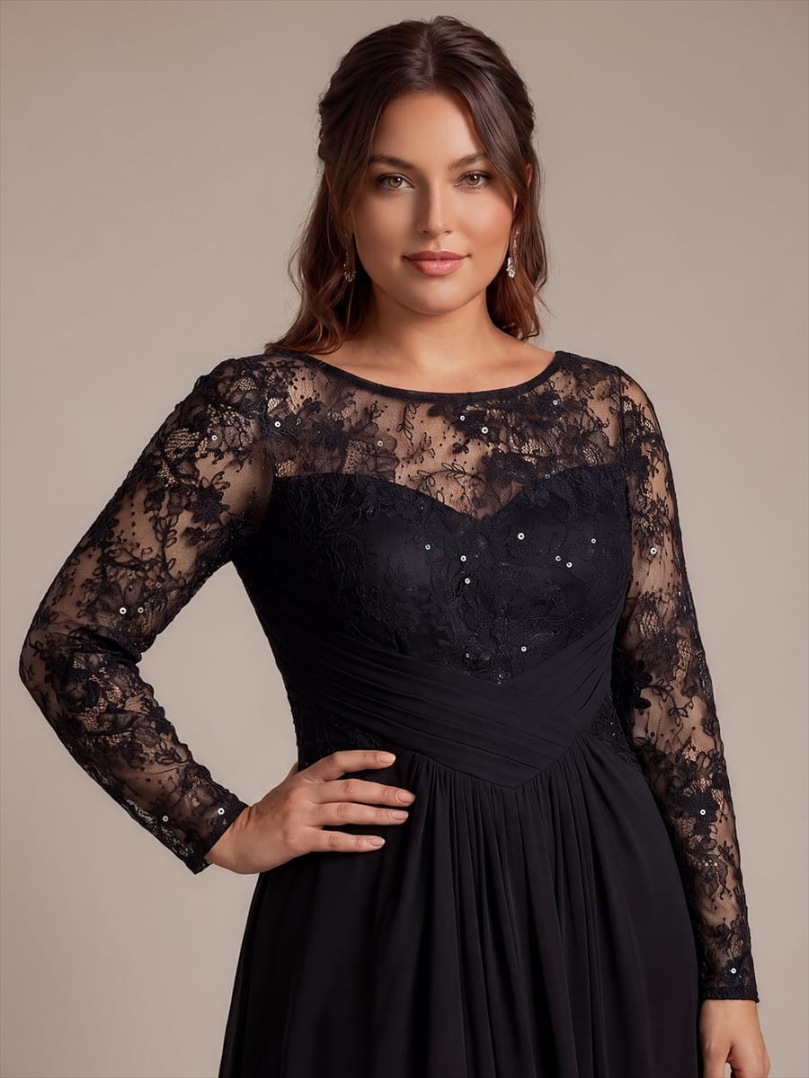Chiffon Maxi Length Round neckline A-line Fitted Sleeve Back zipper Slight Stretch Dress #color_Black