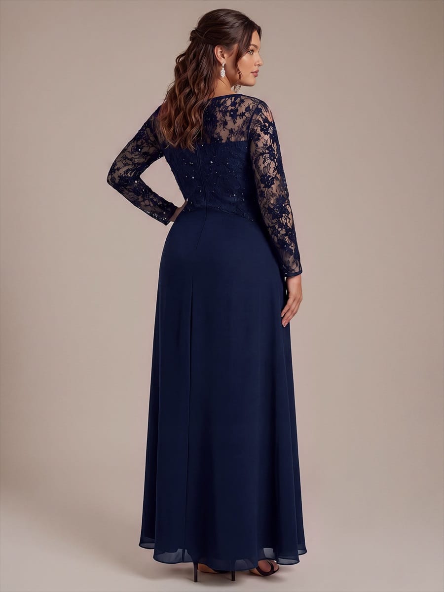 Chiffon Maxi Length Round neckline A-line Fitted Sleeve Back zipper Slight Stretch Dress #color_Navy Blue
