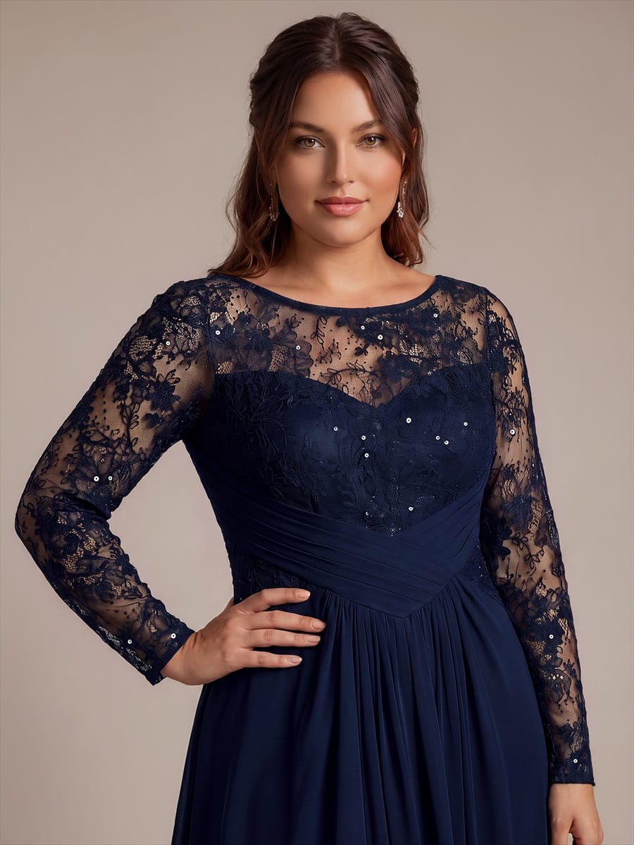 Chiffon Maxi Length Round neckline A-line Fitted Sleeve Back zipper Slight Stretch Dress #color_Navy Blue