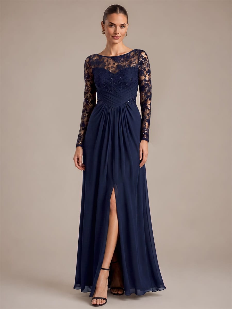 Chiffon Maxi Length Round neckline A-line Fitted Sleeve Back zipper Slight Stretch Dress #color_Navy Blue