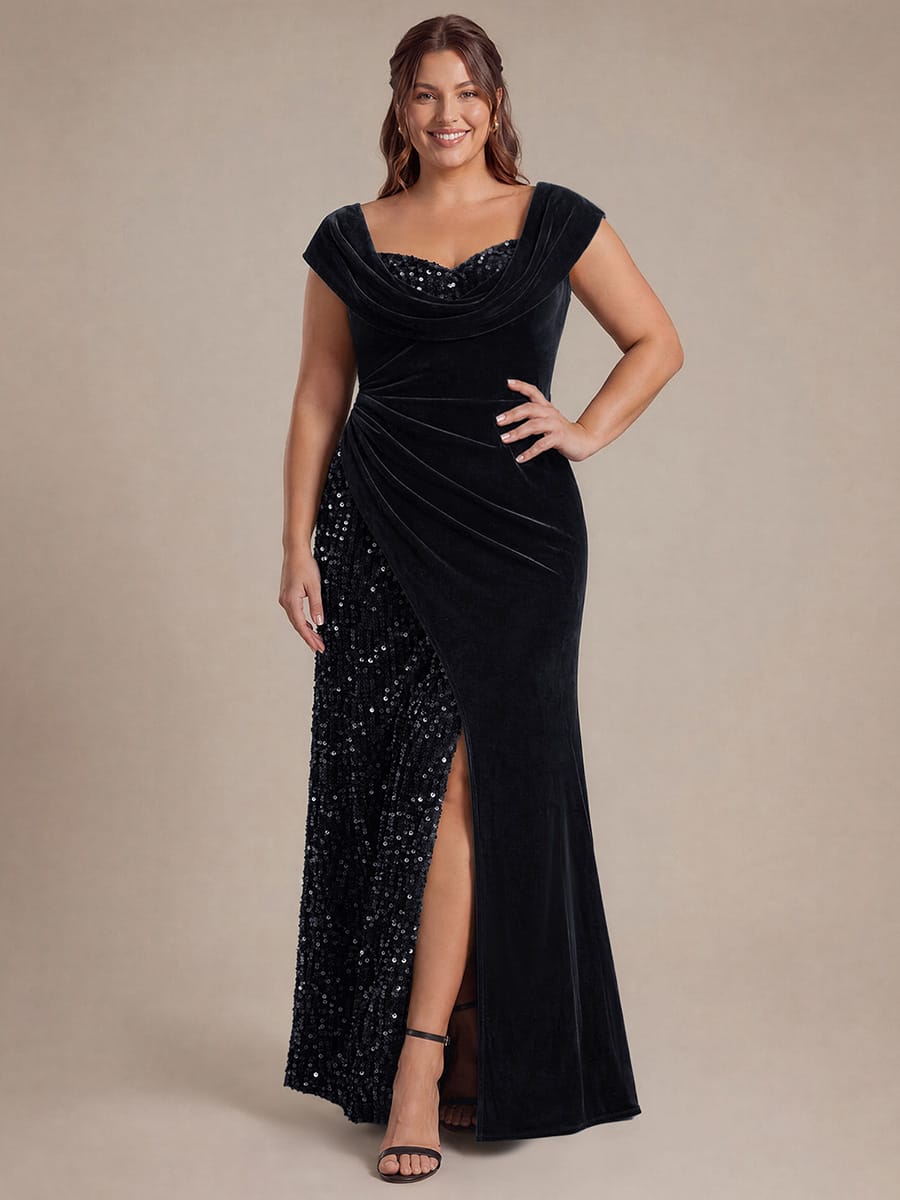 Sequin Velvet Cap Sleeve Dress #color_Black