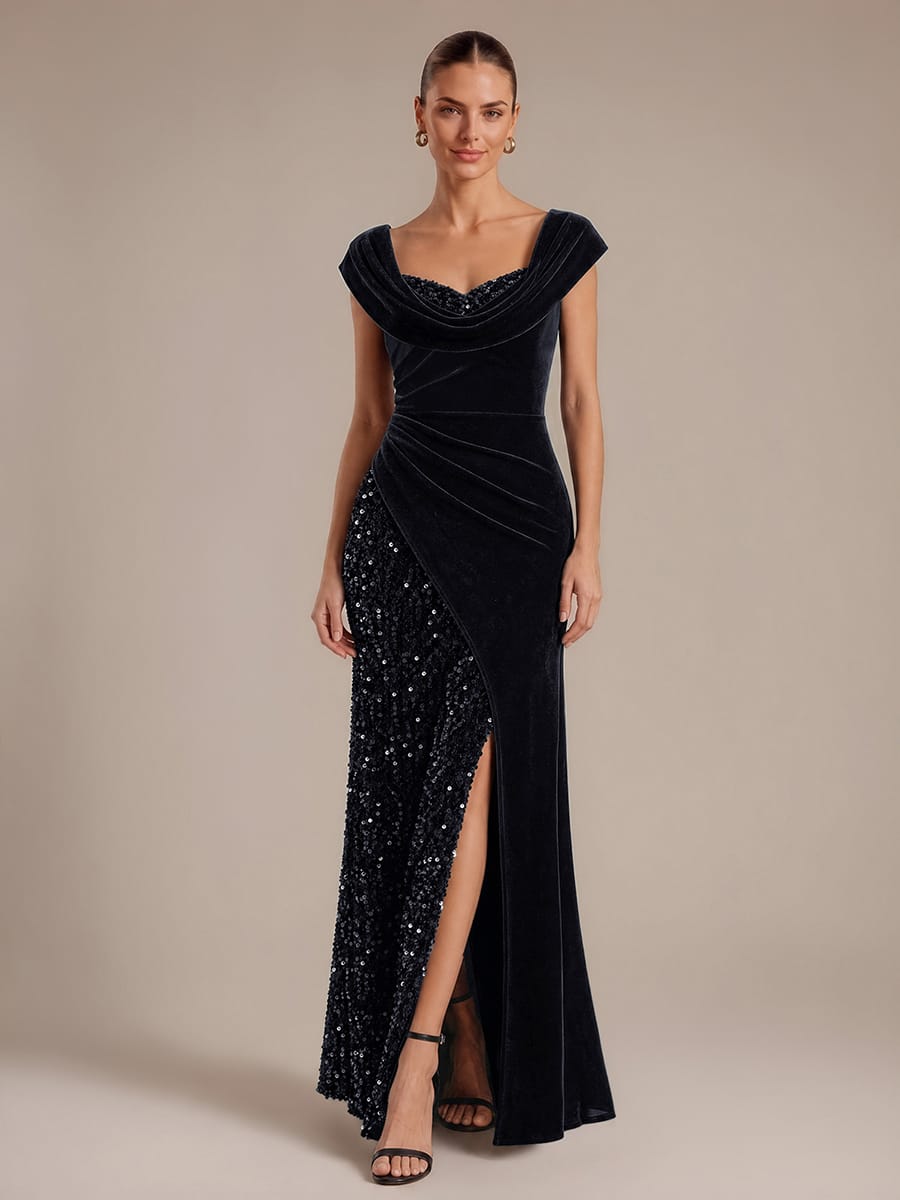 Sequin Velvet Cap Sleeve Dress #color_Black