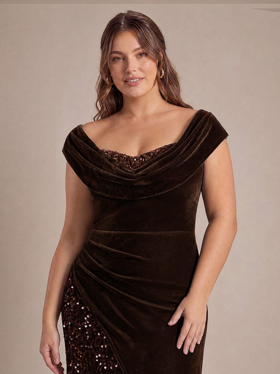 Sequin Velvet Cap Sleeve Dress #color_Chocolate Brown